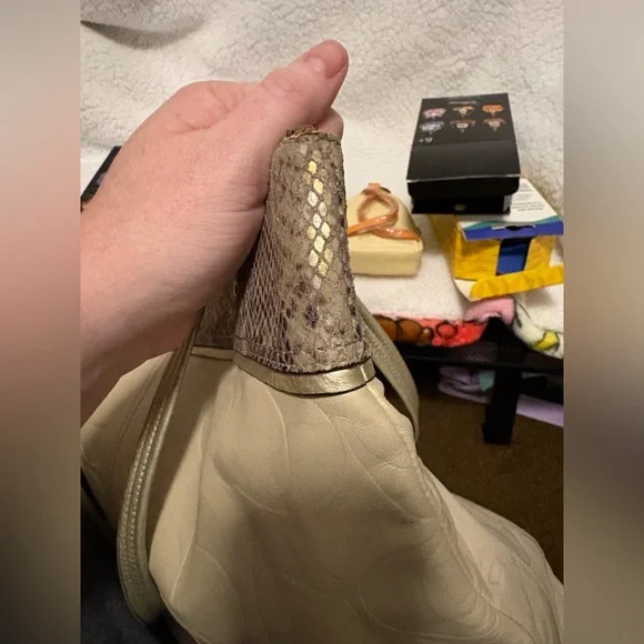 Coach Beige and Gold Tote Bag with Snake Skin Trim - Picture 6 of 7